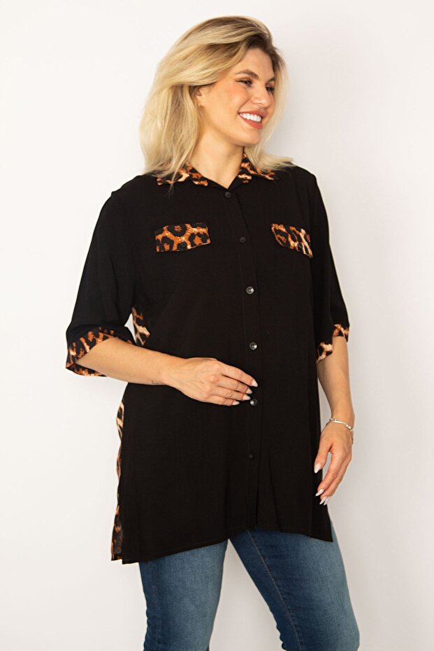 Women's Large Size Black Loopard Garnished Woven Viscose Fabric Shirt 65n34279