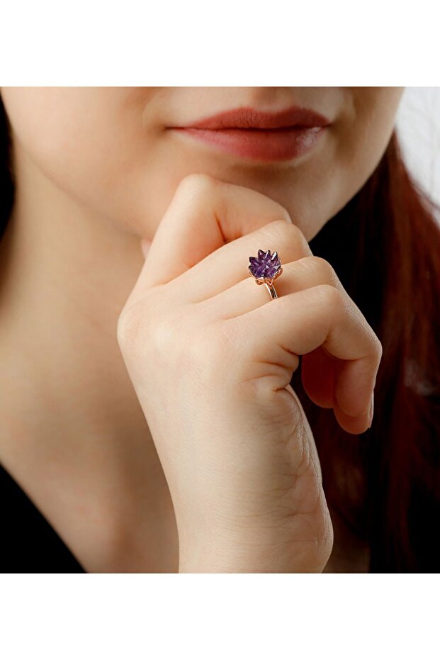 Rose Plated Purple Stone Lotus Flower Adjustable Women's Ring
