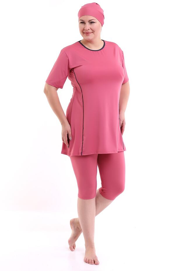 Half Sleeve Piping Plus Size Hijab Swimsuit Dusty Rose