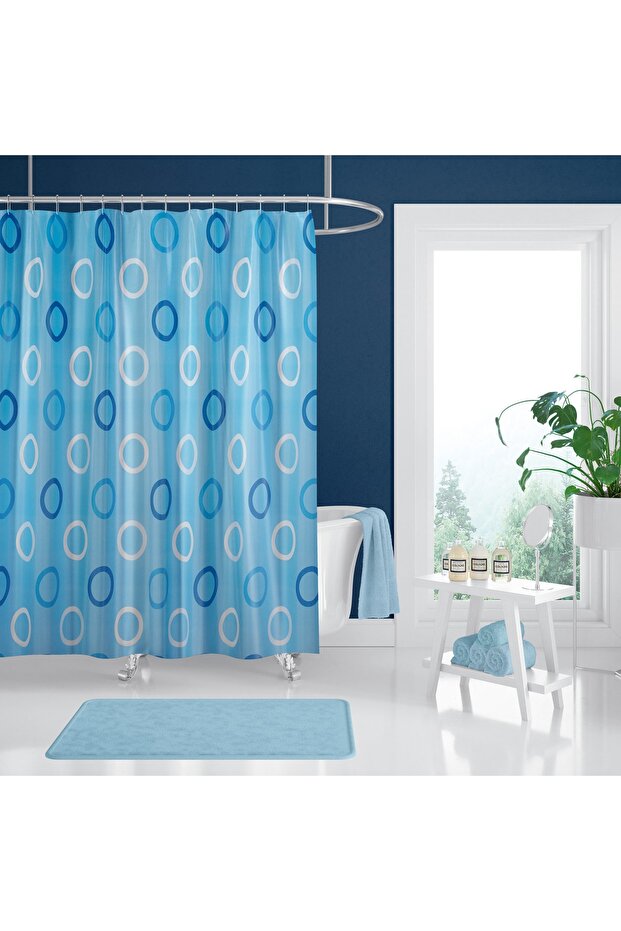 Bathroom Curtain 1X180X200 Single Wing Shower Curtain with Ring Gift Shower Cabin Curtain 5033 Blue