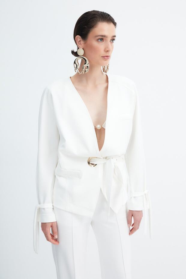 X Zeynep Tosun Ecru Lacing Detailed Jacket TPRAW23CE00017 - 2