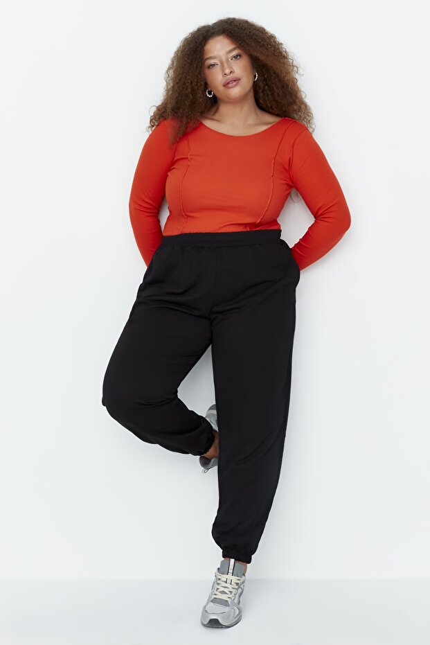 Siyah Loose Jogger İnce Paçası Lastikli Esnek Bel Örme Büyük Beden Eşofman Altı TBBAW23AJ00002 - 9
