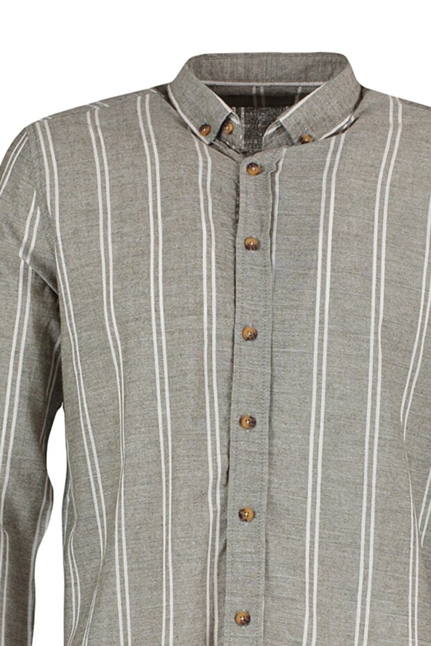 Haki Slim Fit Düğmeli Yaka İnce Çizgili Gömlek TMNSS20GO0092 - 11