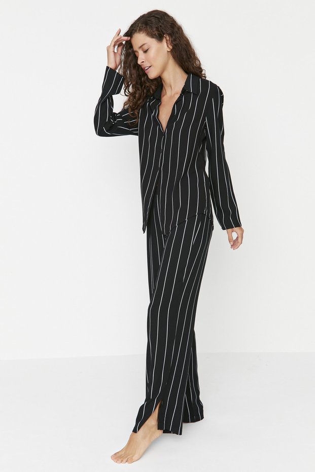 Black Striped Slit Detail Viscose Shirt-Pants Woven Pajama Set THMAW23PT00158