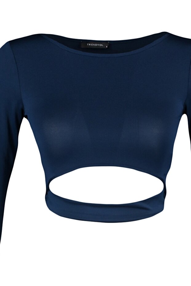 Koyu Lacivert Crop Pencere/Cut Out ve Baş Parmak Delik Detaylı Örme Spor Üst/Bluz TWOAW21BZ0156 - 7