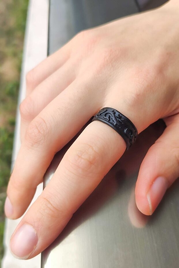 Antique Motif Wave Pattern Adjustable Black Ring - 4