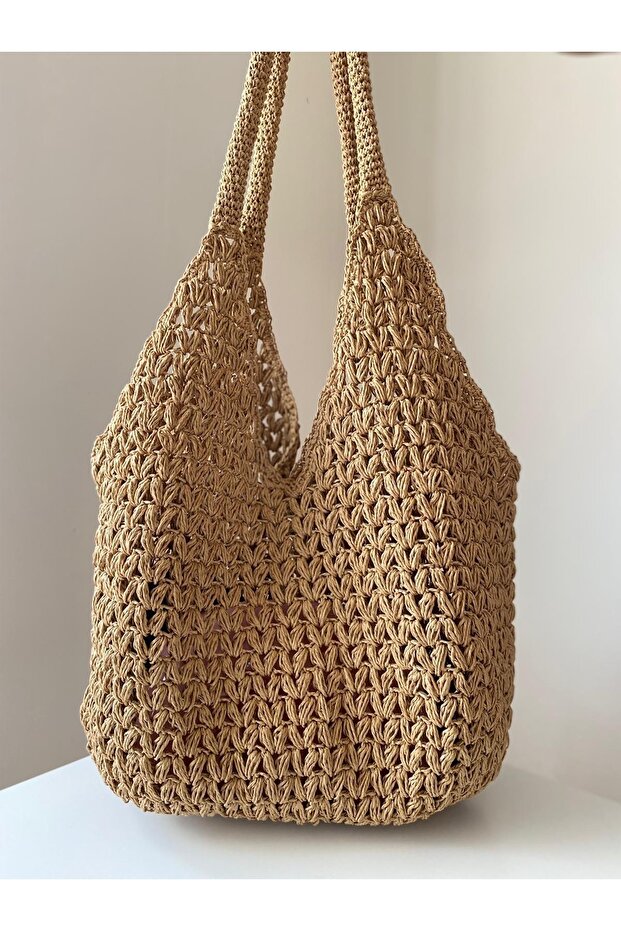 Women's Mink Color Handmade Paper String Lined Knitted Daily Shoulder Bag - Mink