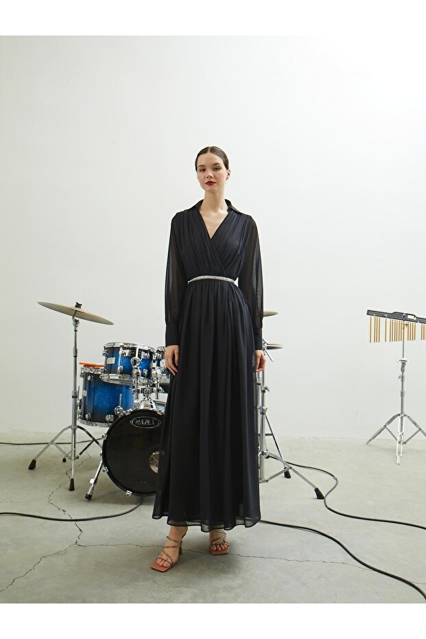 Rochie lungă din șifon negru - 1