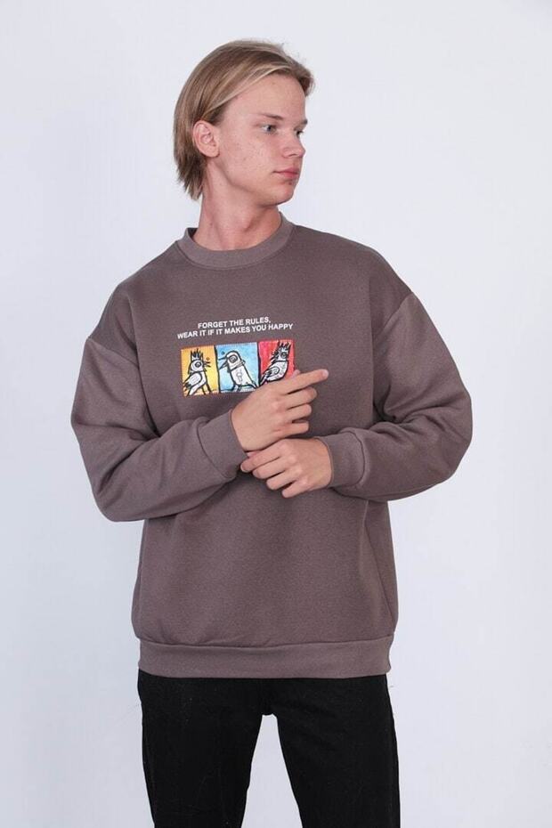 Kahve Forget The Rules Karga Illüstrasyonlu Baskılı Aplikeli Oversize Sweatshirt - 2