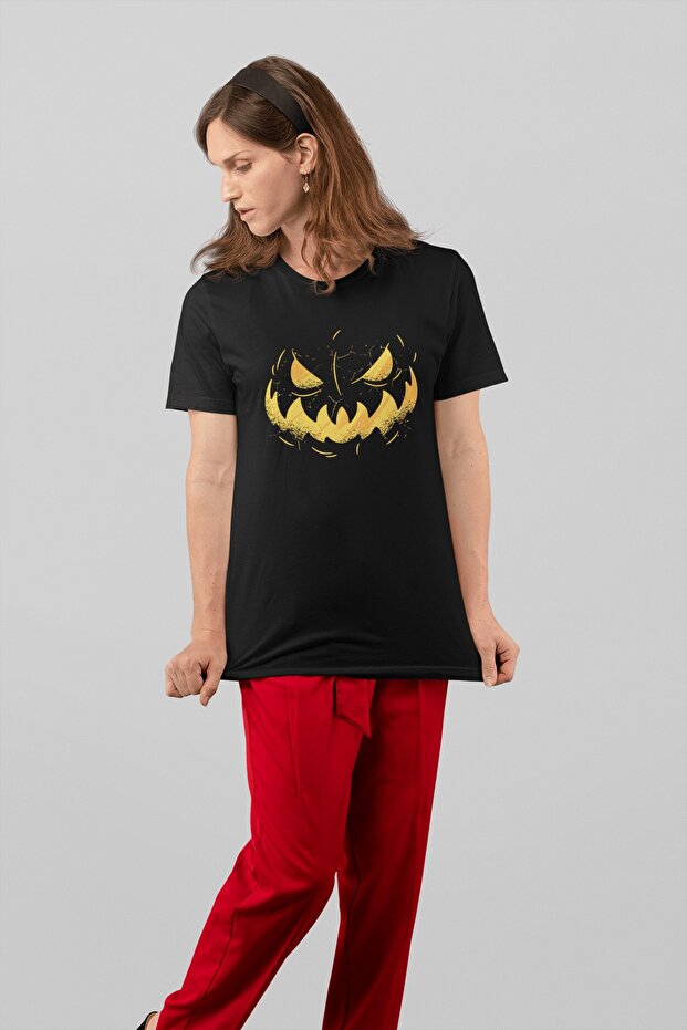 Women's Black Pumpkin Face Printed Standard T-Shirt T5347862