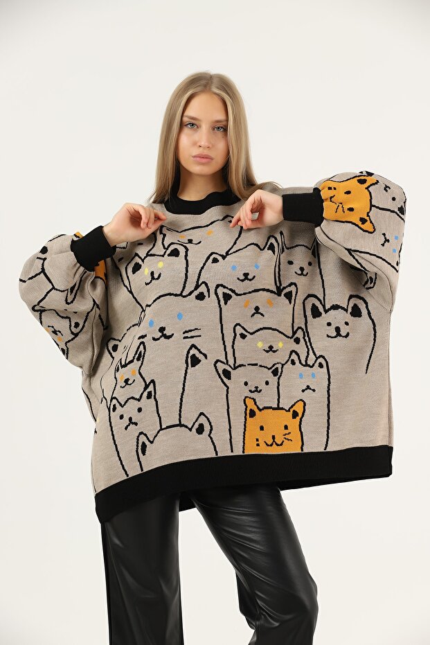 Cat Printed Poncho Sweater
