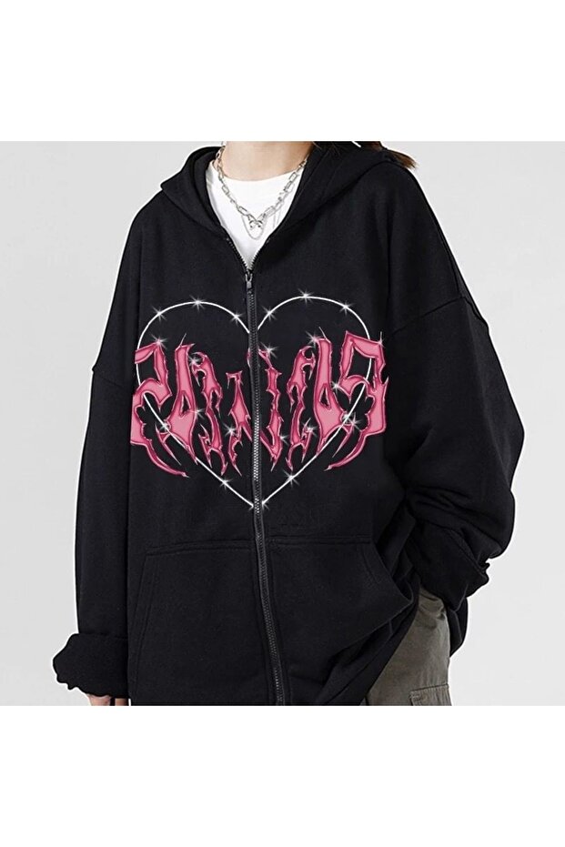Gothic Harajuku Pink Heart With Black Spikes Unisex Oversize Cardigan