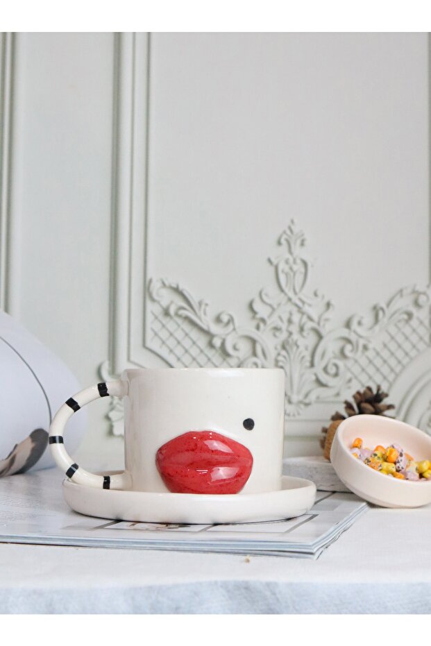 Dudak Figürlü El Yapımı Seramik Mug 170ml - 1