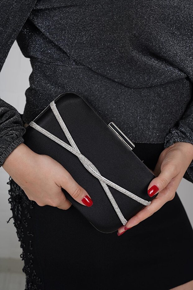 Black Satin White Row Stone Accessory Oval Model Evening Dress Women's Bag
