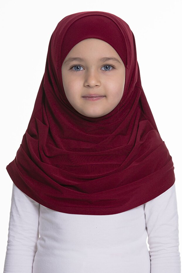 Burgundy Practical Ready-To-Wear Children's Hijab Bonnet Sandy Fabric Self-Boned 78_16