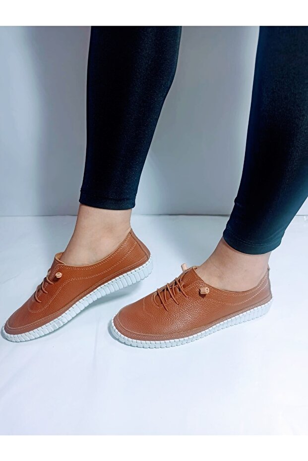 Women's Tan Genuine Leather Rubber Laced Shoes