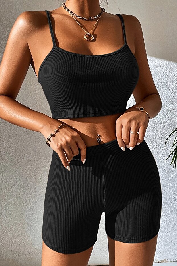 Kadın Siyah Şortlu Kaşkorse Gecelik Takım - 6