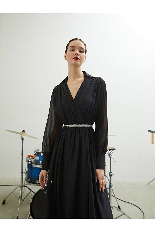 Rochie lungă din șifon negru - 4