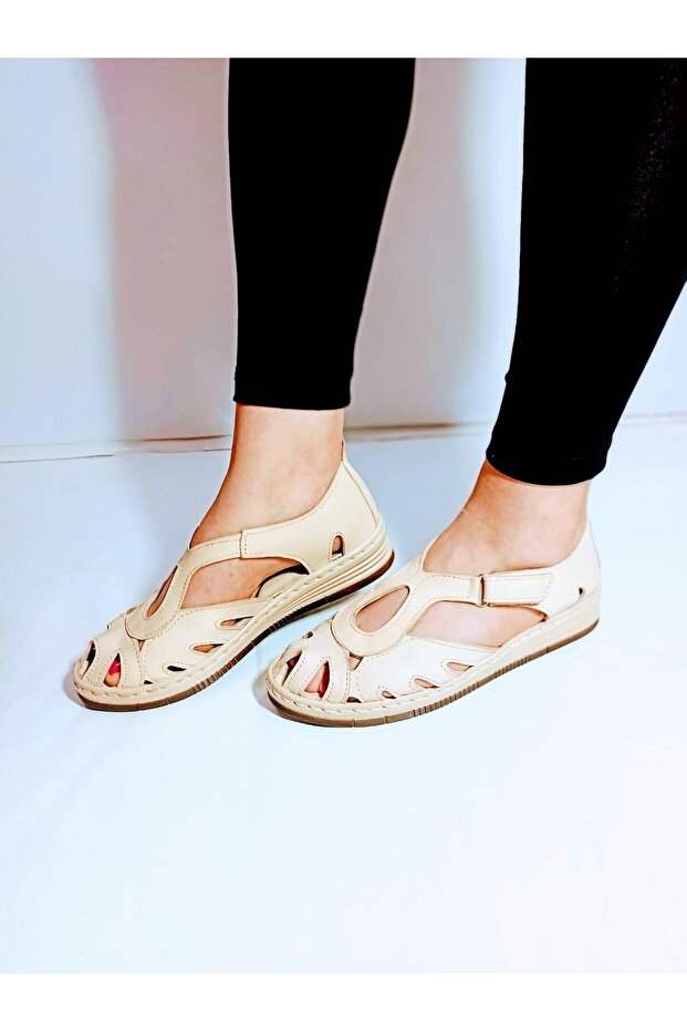 High Wedge Heeled Inside and Outside 100% Genuine Leather Cream Sandals