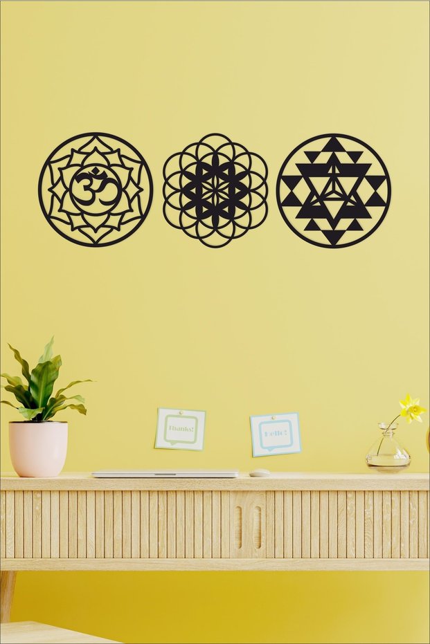 Sacred Geometry 3'L Set Sri Yantra, Lotus Flower, Flower of Life Wall Decor, Painting