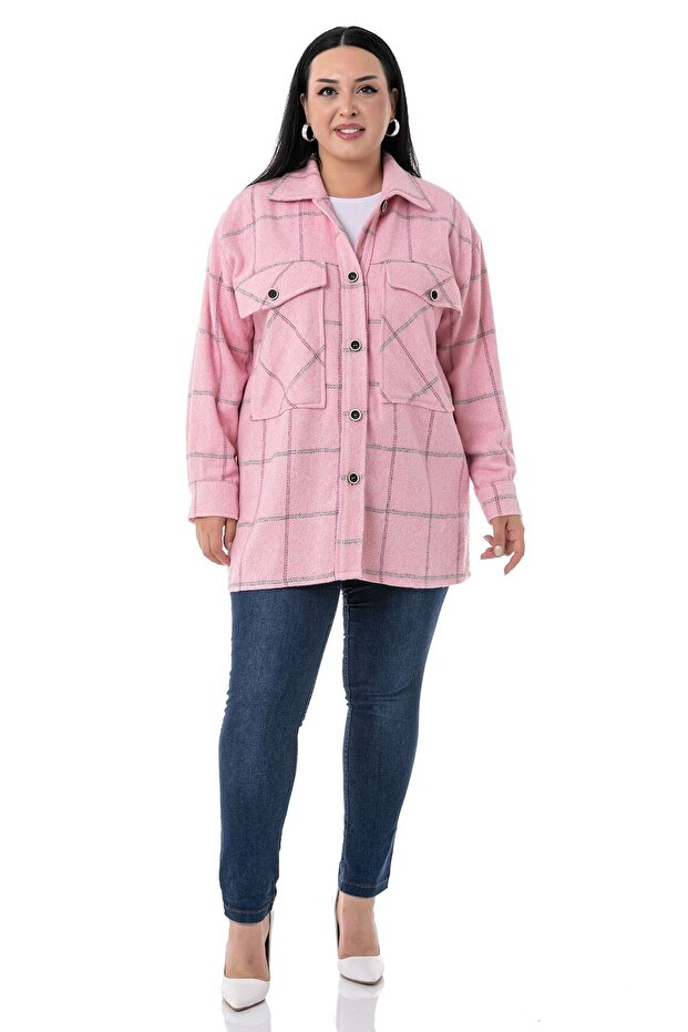 Large Size Herringbone Woven Pink Jacket Shirt with Big Pocket Detail on the Chest