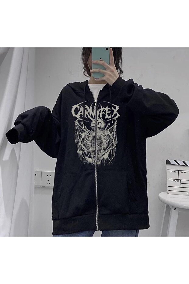 LAGOM MODA Carnifex Printed Oversize Zippered Black Unisex Hooded Cardigan