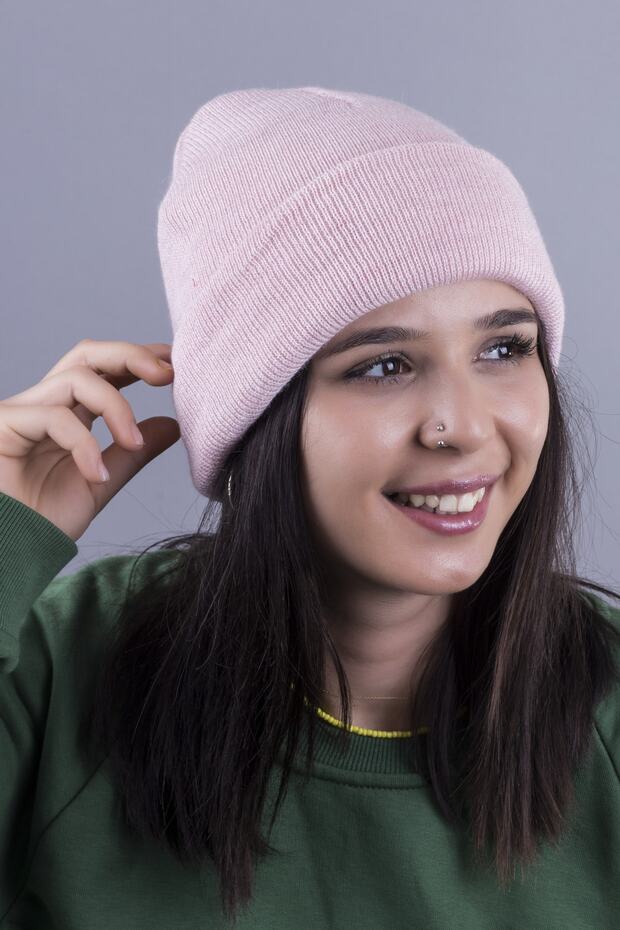 Pembe Unisex Katlamalı Triko Düz Bere - 1