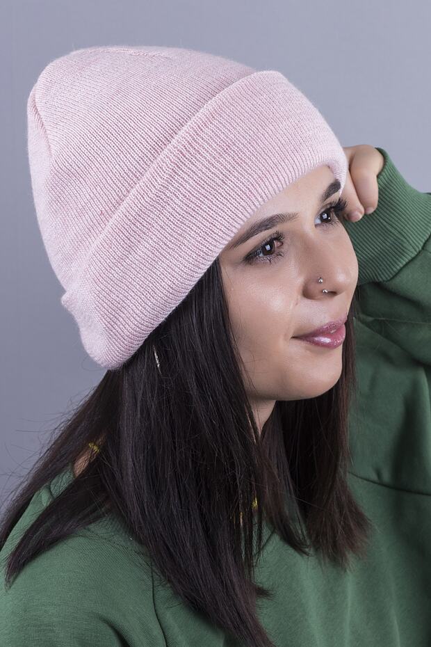Pembe Unisex Katlamalı Triko Düz Bere - 2
