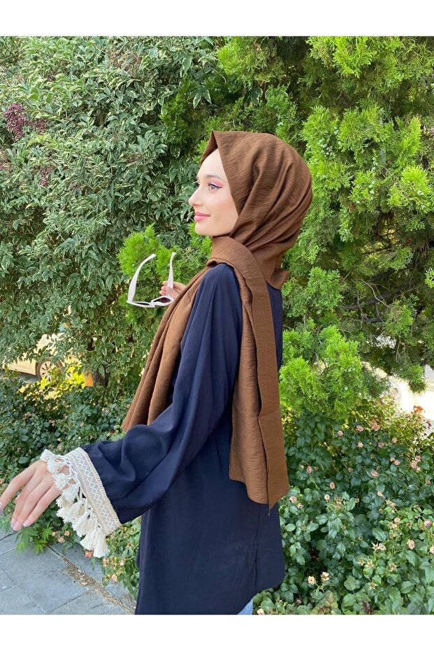 Ipekyolu Eşarp Scarf Kendinden Kırışık Kumaş Tek Renk Jazz Şal 00516 Kahverengi - 1