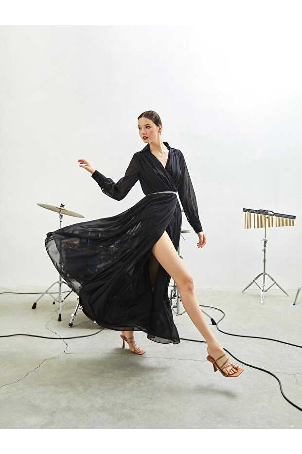 Rochie lungă din șifon negru - 2