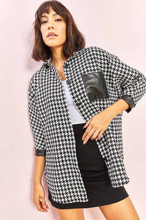 Women's Black and White Single Pocket Patterned Houndstooth Shirt 743 40041030