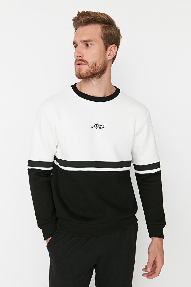 Ekru Regular/Normal Kesim Uzun Kollu Baskılı Panelli Sweatshirt TMNAW23SW00140 - 2