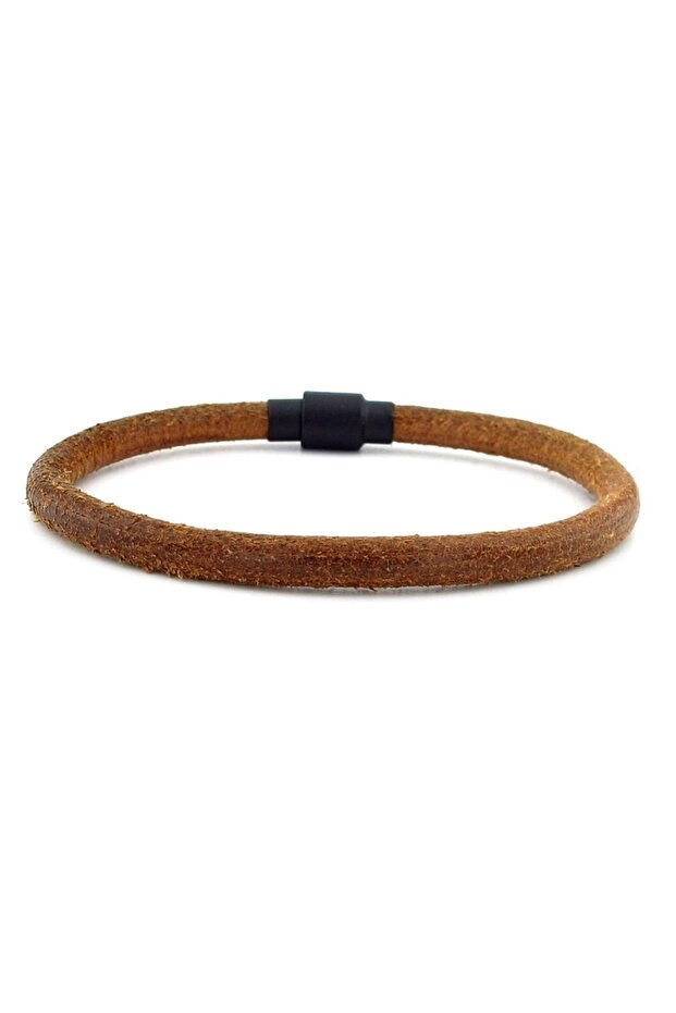 Tan Brown Antique Natural Leather Black Clip Men's Bracelet M024b