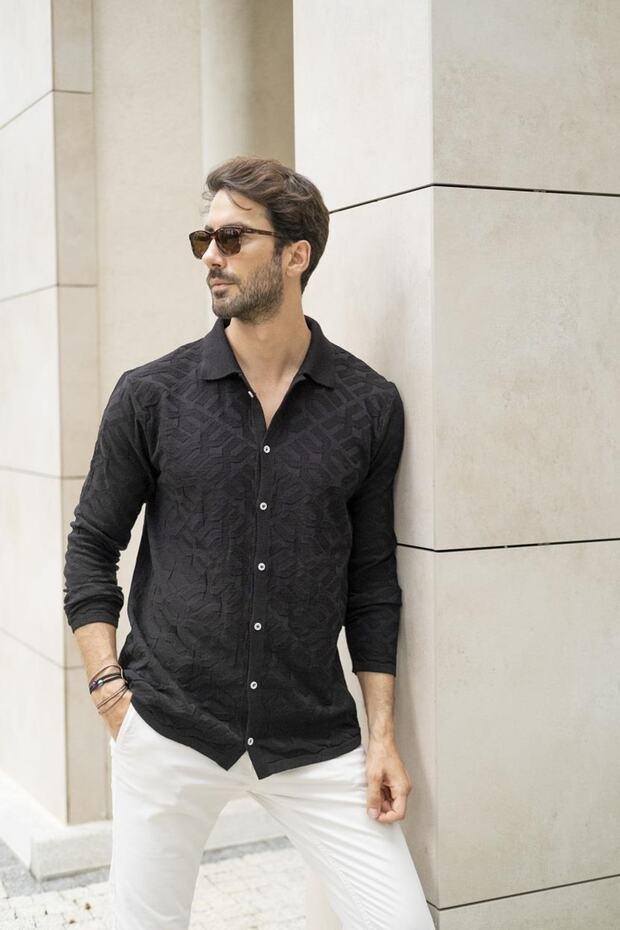 Men's Regular Fit Patterned Long Sleeve Knitwear Shirt Black 23w211