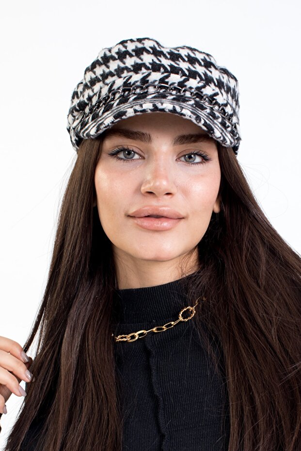 Women's Winter Hat Stamped Captain Winter Chain Accessory with Houndstooth Pattern