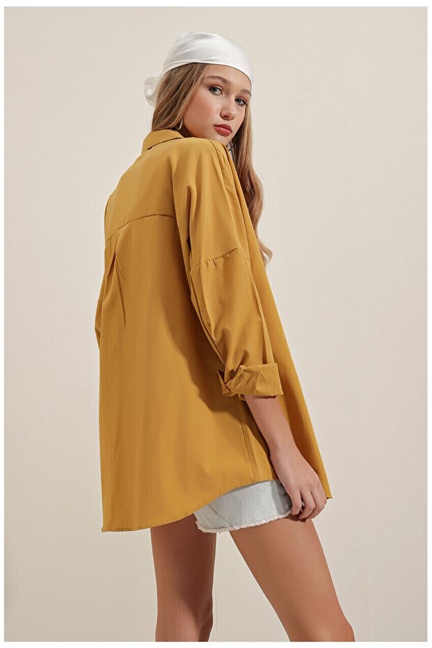 Kadın Hardal Oversize Uzun Basic Gömlek - 6