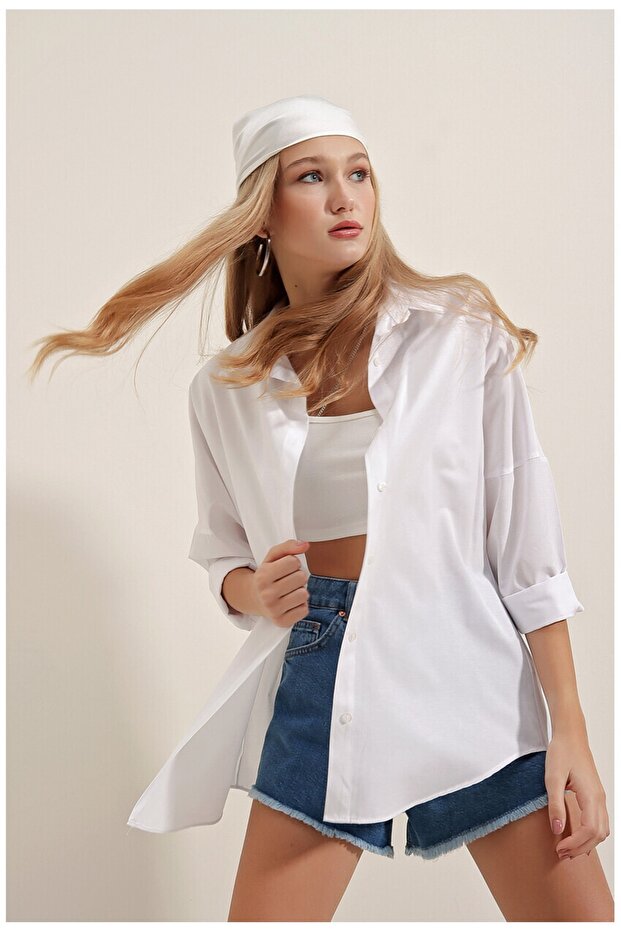 Beyaz Oversize Uzun Basic Gömlek - 3