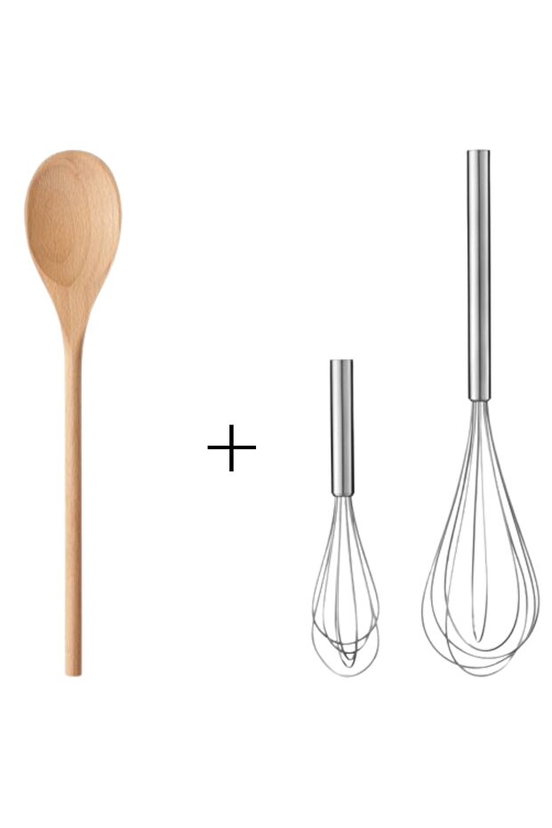 2 Stainless Steel Whisks and 1 Beech Wooden Spoon