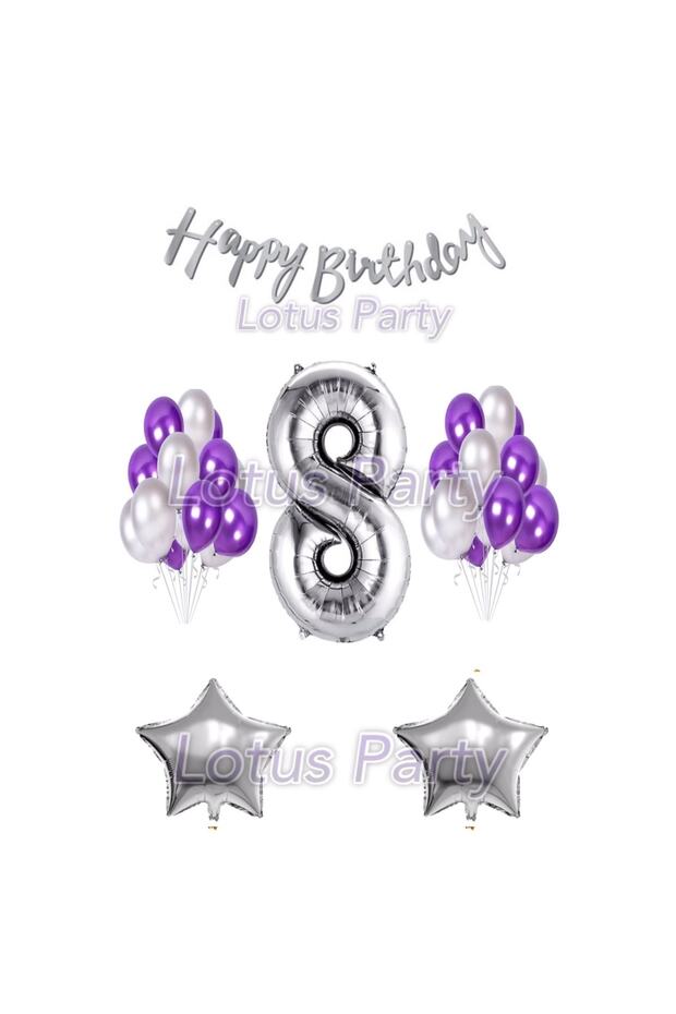 8 Year Old Birthday Set - 1 Number Balloon - 20 Silver and Purple Balloons - 2 Stars Happy Birthday Text