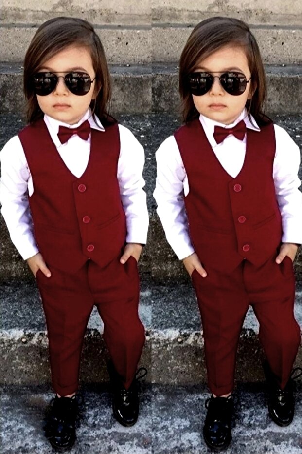 Claret Red Boy's Suit with Bow Tie and Vest