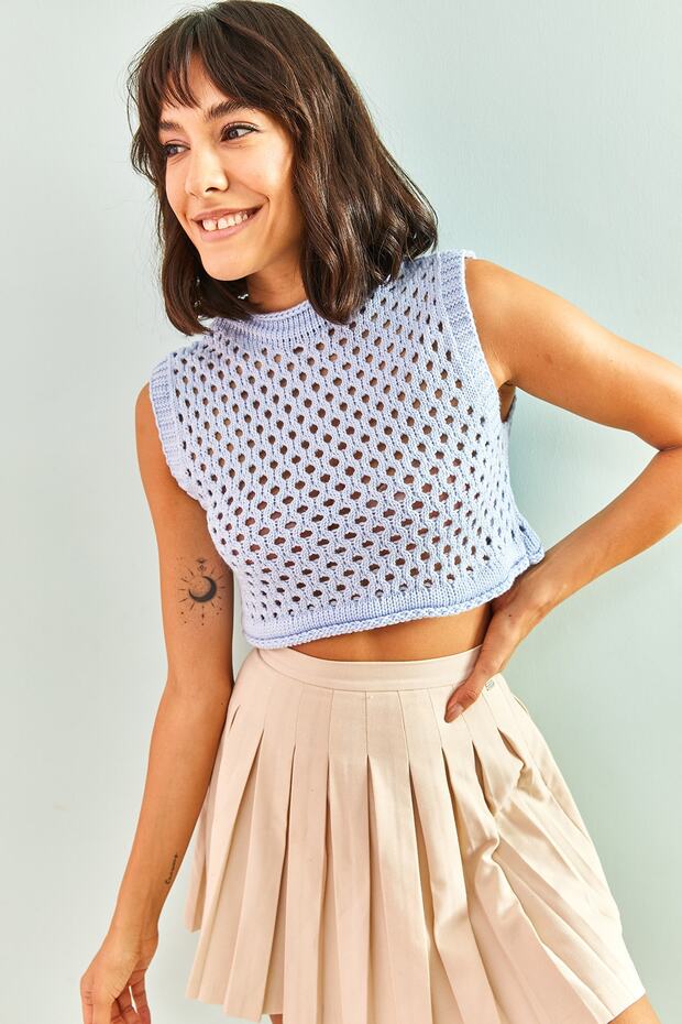 Women's Baby Blue Patterned Knitwear Blouse 20223064