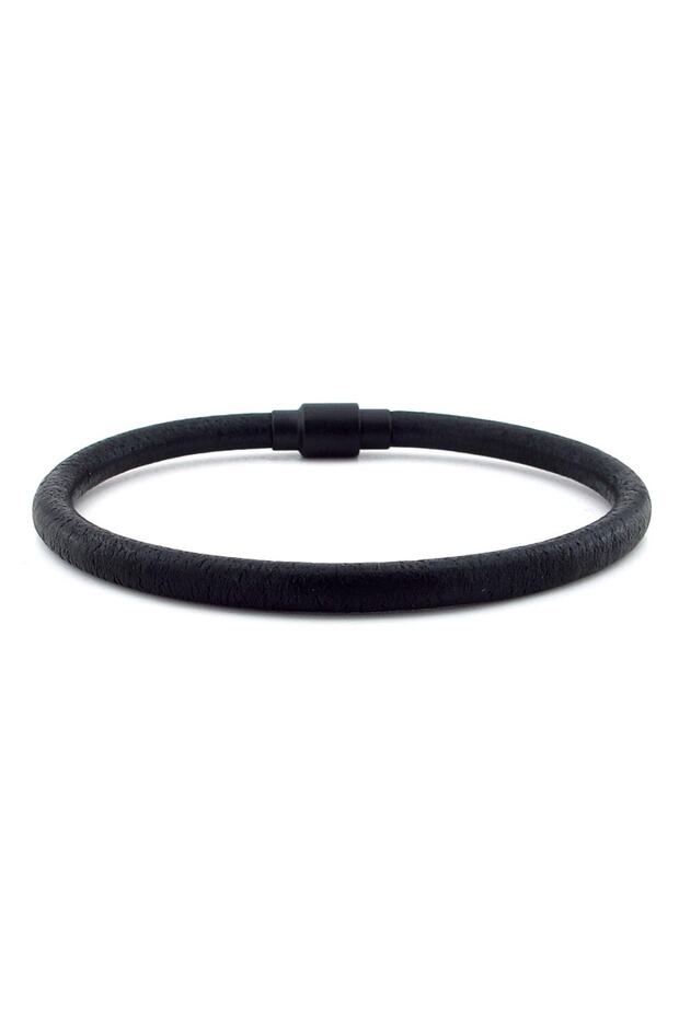 Full Black Genuine Leather Black Magnet Men's Bracelet M024a