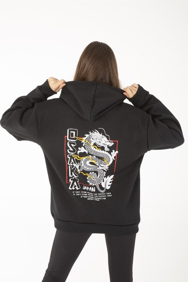 Unisex Black Osaka Dragon Printed Hooded Sweatshirt