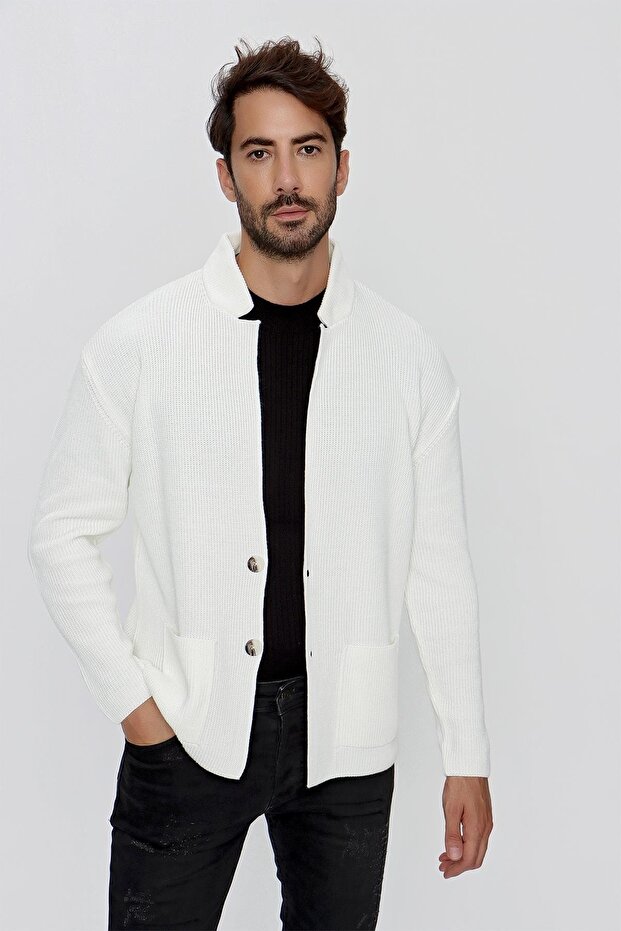 Erkek Regular Fit Selanik Triko Hırka Ekru 23w208 - 1