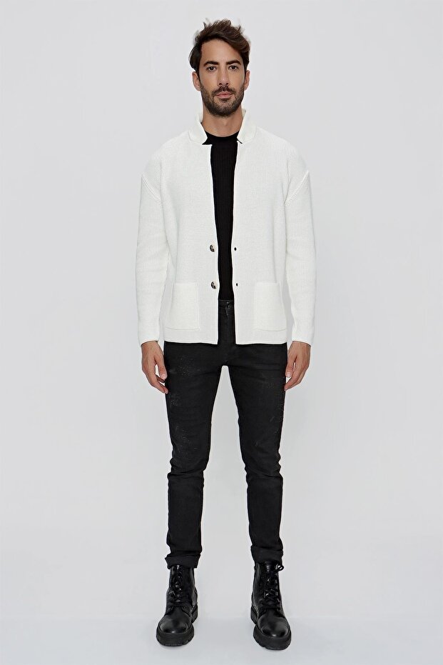 Erkek Regular Fit Selanik Triko Hırka Ekru 23w208 - 5