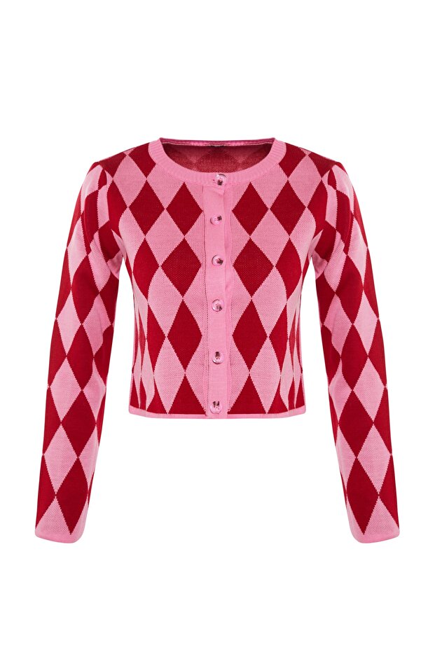 Pembe Crop Desenli/Jakarlı Ceket Görünümlü Triko Hırka TWOAW23HI00176 - 6
