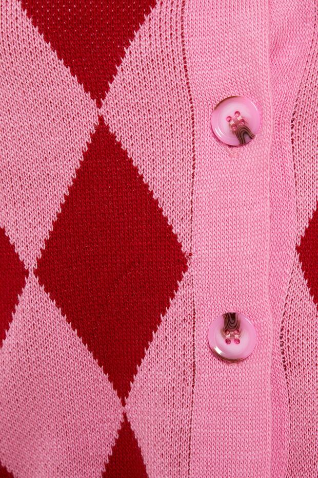 Pembe Crop Desenli/Jakarlı Ceket Görünümlü Triko Hırka TWOAW23HI00176 - 7