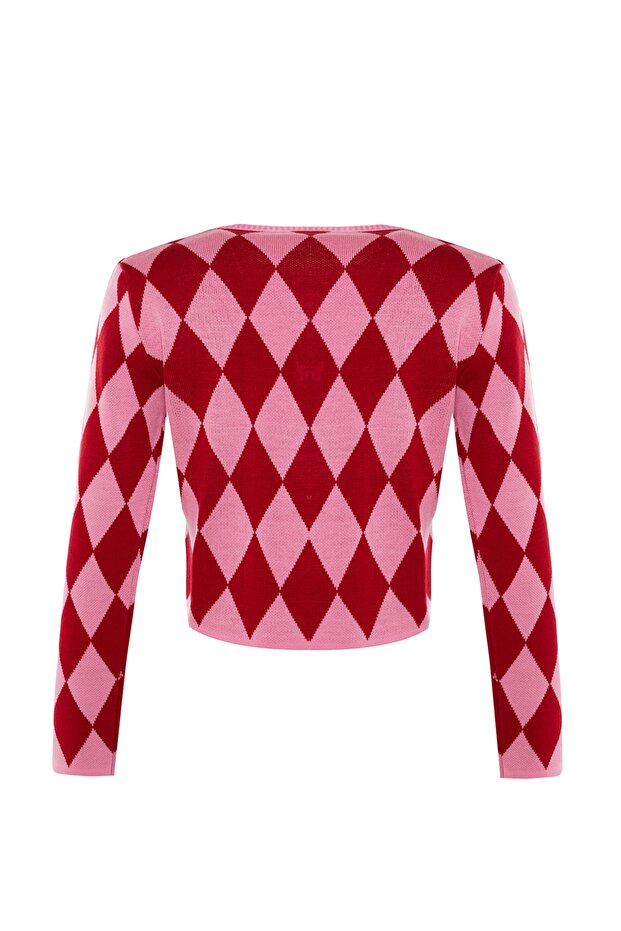 Pembe Crop Desenli/Jakarlı Ceket Görünümlü Triko Hırka TWOAW23HI00176 - 8