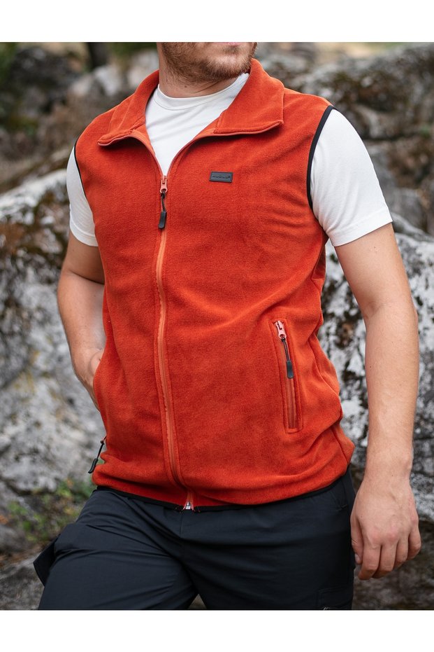Brick Color Two-Pocket Zippered Fleece Vest