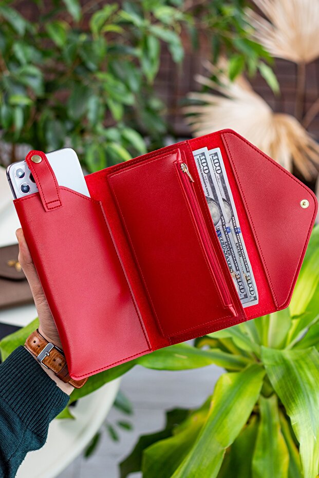 Envelope Model Red Women's Wallet with Phone and Coin Compartments - 4